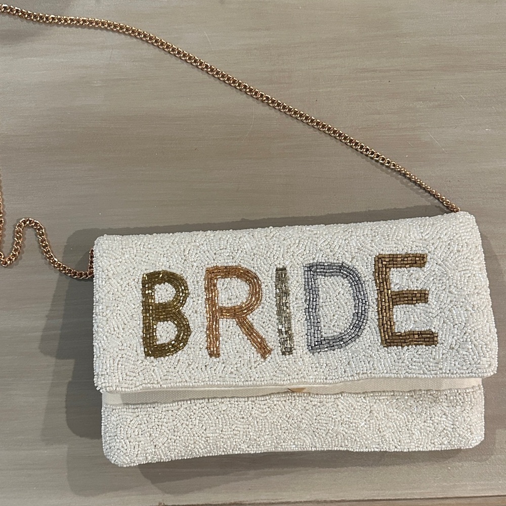 Bride Beaded Clutch in Cream with Gold Chain